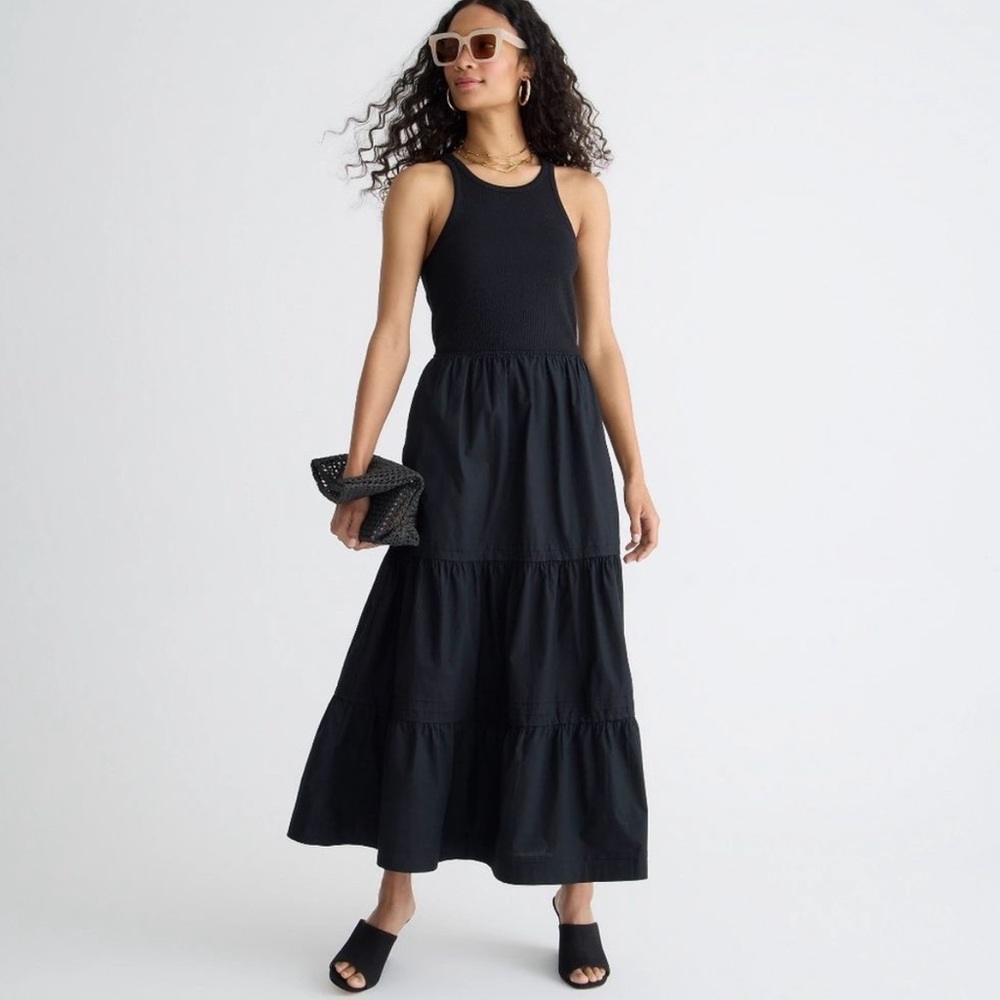 J. CREW NWOT Black Vintage Rib High Neck Tank Poplin Tiered Mixed Media Dress M